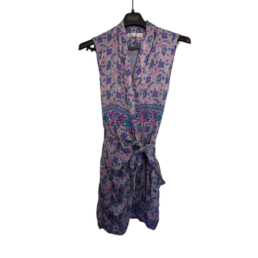 Women's Zara S Grey Purple Floral Paisley Wrap Mini Dress